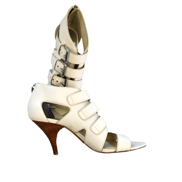 MICHAEL KORS Tripple Buckle Open Toe Leather Pumps Zip‎ Sandals Off White - Picture 9 of 14